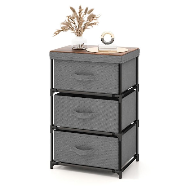 Gymax Grey and Rustic Brown 3-Drawers 12 in. W Nightstand