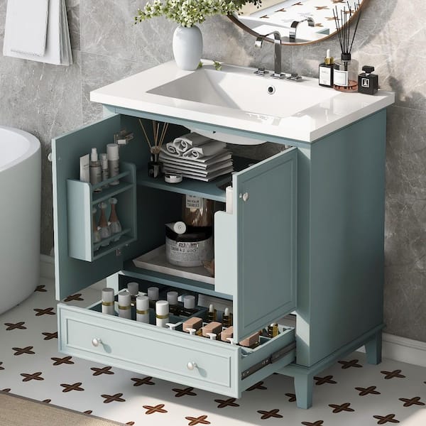 30 in. W x 18 in. D x 34.80 in. H Freestanding One Sink Bath Vanity in Green with White Ceramic Sink Top Material