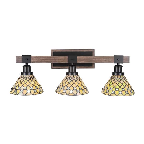 Unbranded Richmond 27.75 in. 3-Light Vanity Light Matte Black and Painted Wood-look Metal with 7 in. Art Glass no bulbs included