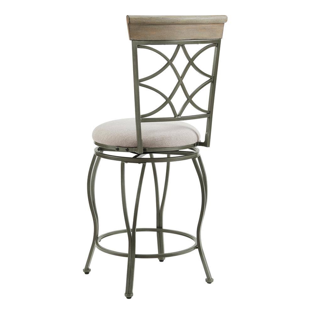 Side view of a high back metal counter stool with a fabric seat.