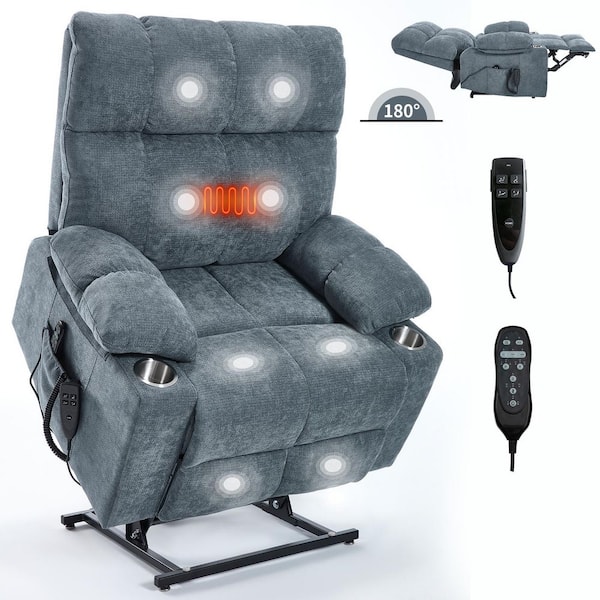 Blue Chenille Dual Motor Power Lift Recliner Chair with Infinite Positions, 8-Point Massage, Lumbar Heat, Cup Holders
