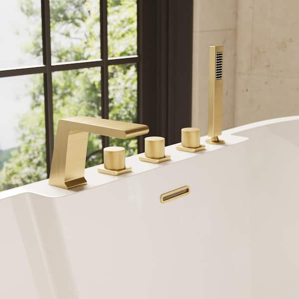 GRANDJOY Bathtub Faucet 3-Handle Deck Mount Roman Tub Faucet with Handheld in Brushed Gold Valve Included