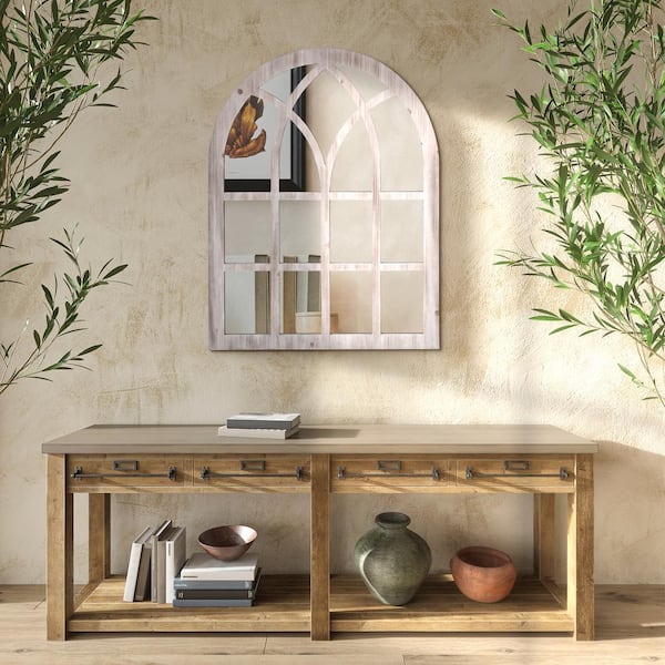 Unbranded Rustic Natural 31.5 in. W x 41 in. H Large Arch Wall Window Mirror, for Wall Decor in Living Room Bedroom and Entryway