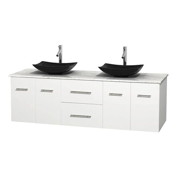 Wyndham Collection Centra 72 in. Double Vanity in White with Marble Vanity Top in Carrara White and Black Granite Sinks