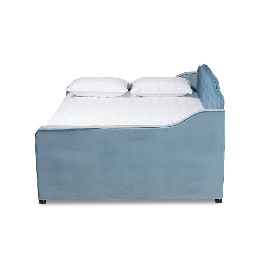 Light Blue Velvet Upholstered Tufted Full Daybed with Trundle