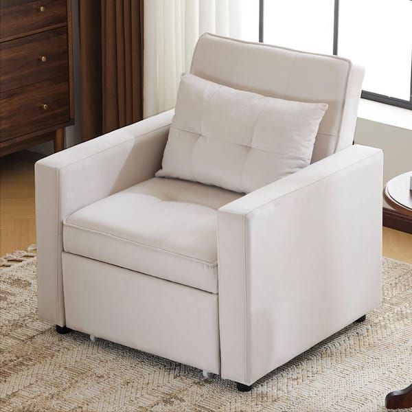 Elmwood 3 in 1 Modern Upholstered Velvet Convertible Sleeper Sofa Chair with Tufting, Beige