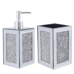 3.25 in. Exquisite Silver 2 Piece Square Soap Dispenser and Toothbrush Holder
