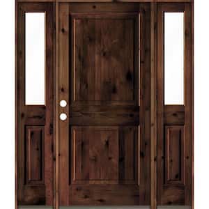 70 in. x 80 in. Knotty Alder Right-Hand/Inswing Clear Glass Red Mahogany Stain Square Top Wood Prehung Front Door
