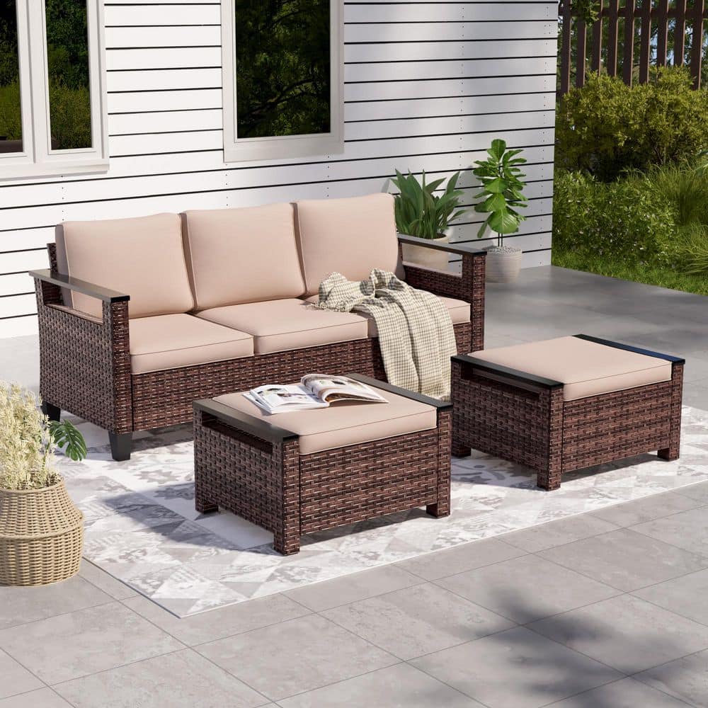 3-Pieces Brown PE Wicker Sand Cushions Patio Conversation Set Wide Armrests High Back Sofa Design price history on PriceWatchPro