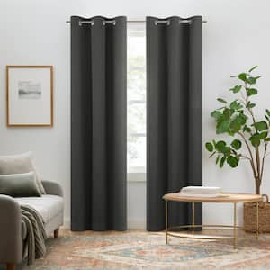 Pembroke Charcoal Faux Linen Polyester 42 in. W x 108 in. L Grommet 100% Blackout Curtain (Double Panel)