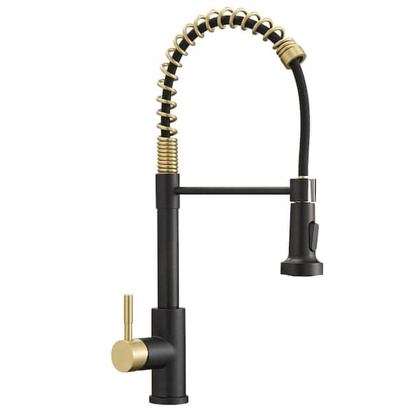 Satico Single Handle Pull Down Sprayer Kitchen Faucet with Dual Function Spray Head in Black Brushed Gold