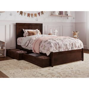 Clayton Walnut Brown Solid Wood Frame Twin Platform Bed with Panel Footboard and Storage Drawers