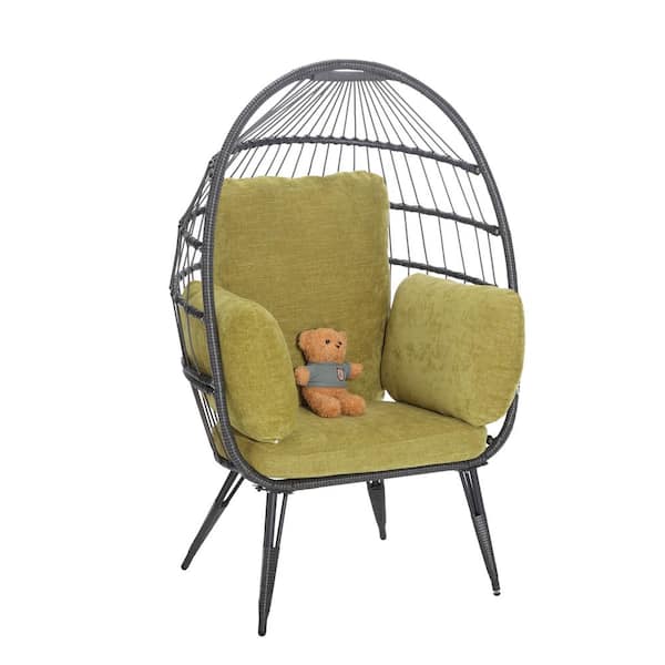 HOMEFUN Black Wicker Steel Frame Outdoor Egg Lounge Chair with Green Cushion