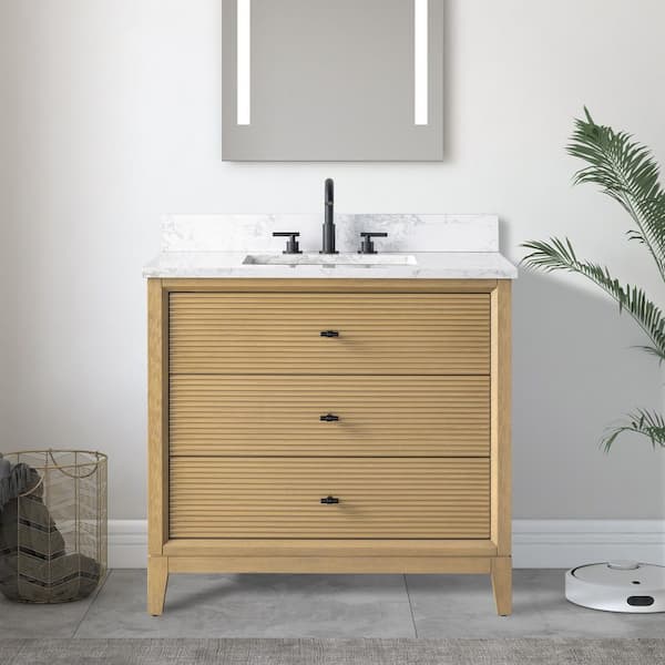 36 in. W x 22 in. D Single Sink Freestanding Natural Oak Bath Vanity Cabinet with White Engineered Marble Top