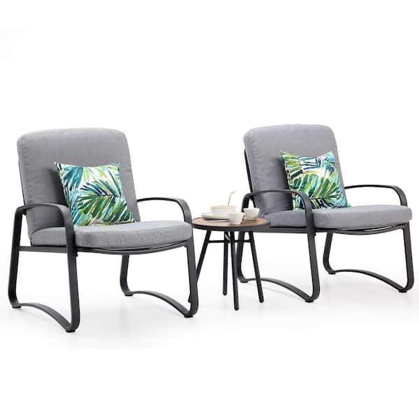 Cesicia 3 Piece Metal Outdoor Bistro Set Patio Conversation Set with 2 Chairs and Coffee Table in Dark Gray Cushion