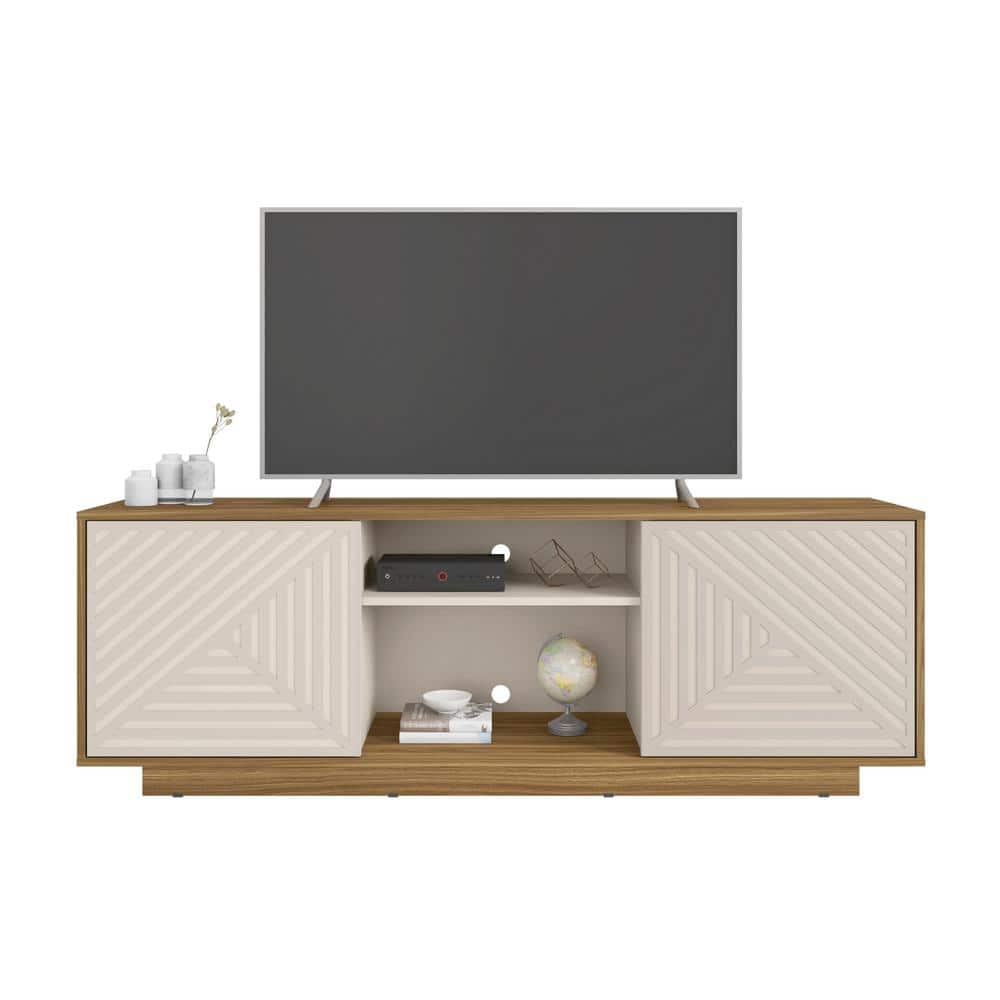 Modern Oak and White Chevron Pattern TV Stand with Cabinets