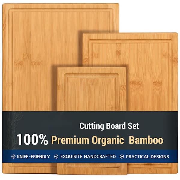 3-Piece Natural Bamboo Cutting Board Set Wood Kitchen Cutting Boards with Juice Groove Knife-Friendly Surface