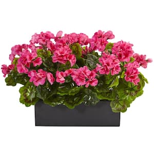 Artificial Indoor/Outdoor UV Resistant Pink Geranium Silk Plant in Rectangular Planter