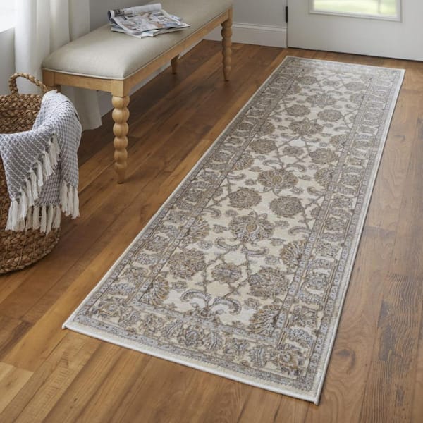2 x 8 Brown, Ivory Oriental Runner Rug