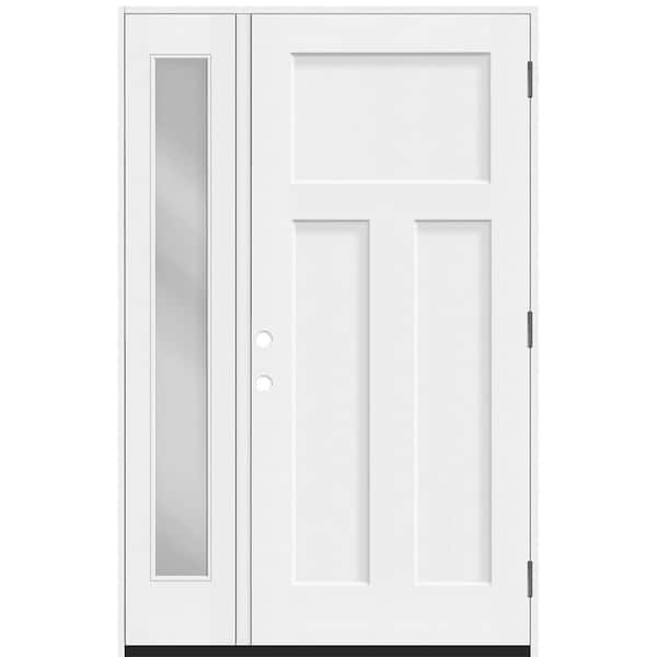 Steves & Sons Legacy 53 in. x 80 in. 3 Panel Craftsman LHOS Unfinished White Fiberglass Prehung Front Door w/Clear 14" SL 4-9/16Jamb