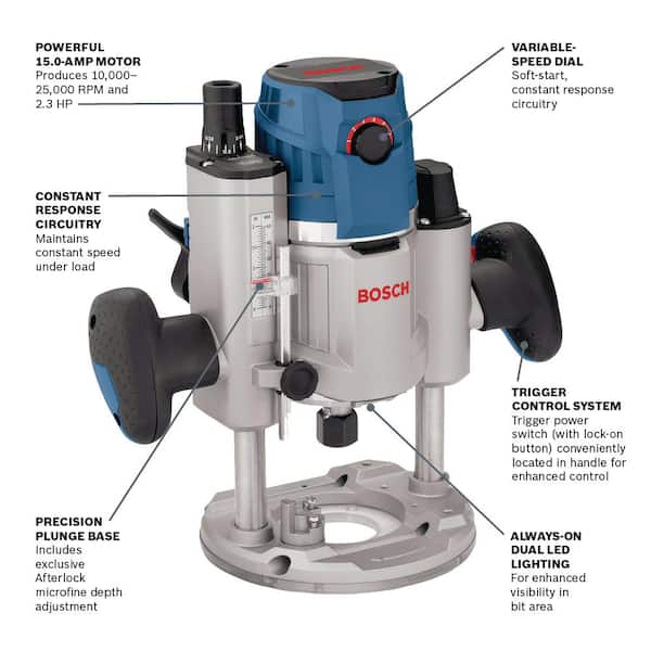 Bosch 15 Amp Corded 2.3 HP Electronic Variable-Speed 3-1/2 in. Plunge-Base  Router with LED Light MRP23EVS - The Home Depot