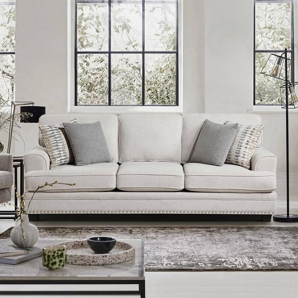 Sand Chenille Lawson Sofa with Nailhead Trim and Removable Cushions