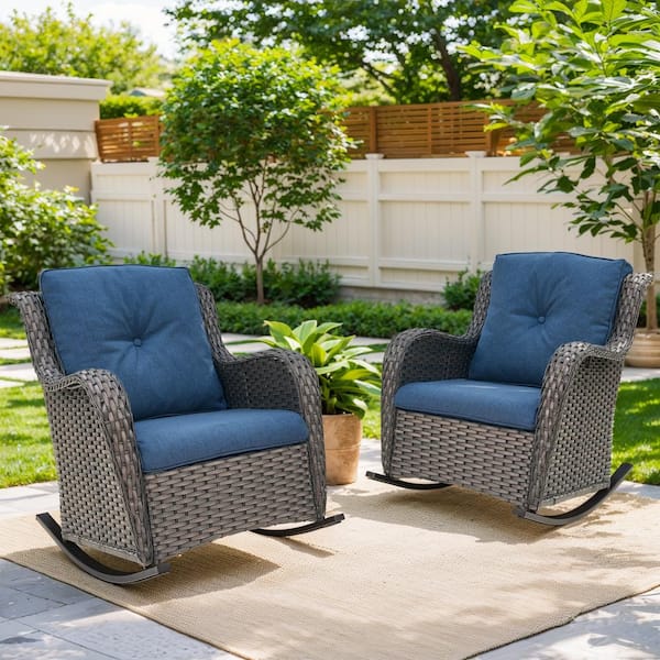 Arcline Brown Wicker Outdoor Rocking Chair with Blue Cushions and Design (2-Pack)