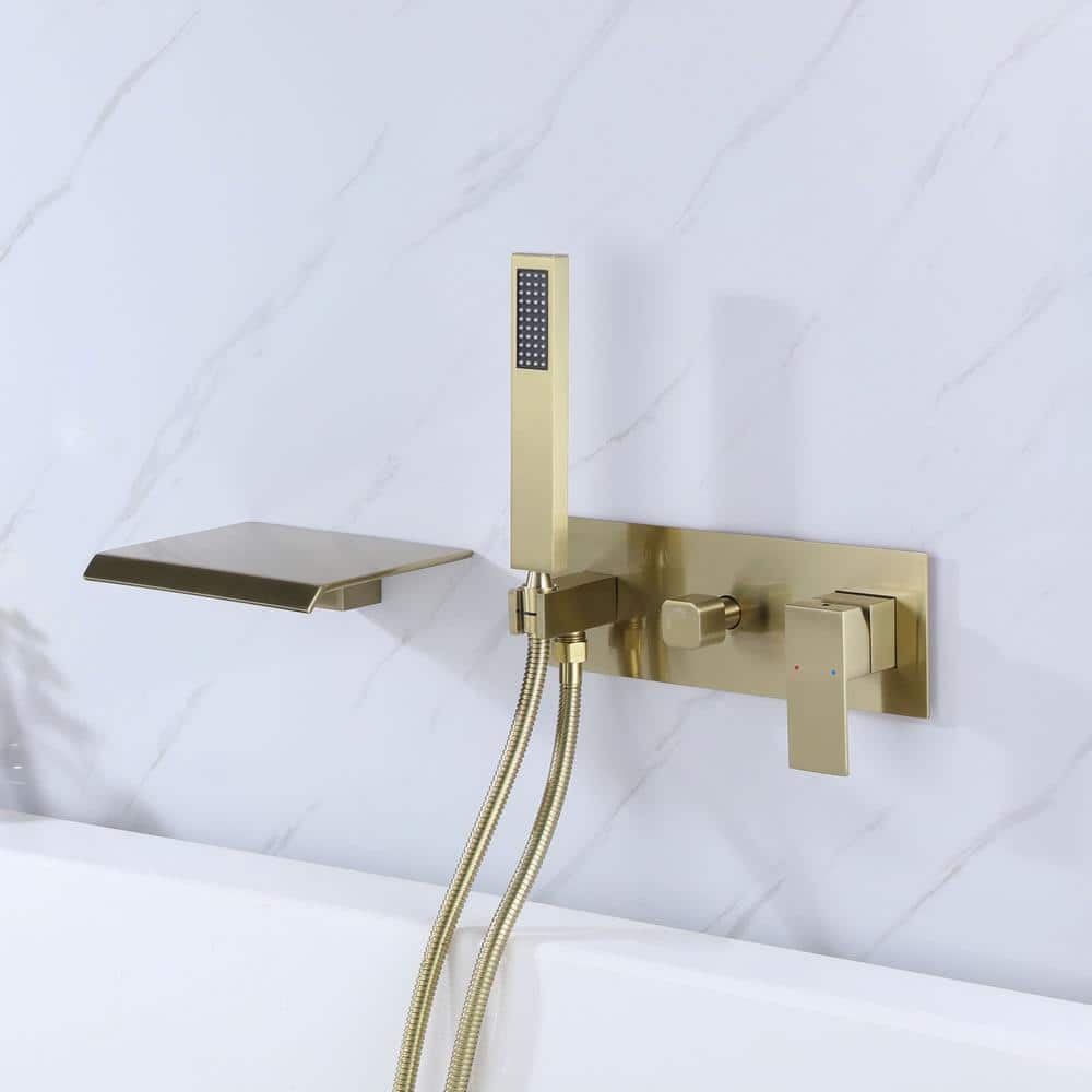 Brushed Gold Wall-Mounted Waterfall Tub Filler with Hand Shower