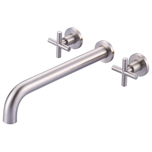 WOWOW 2-Handle Wall-Mount Brass Roman Tub Faucet with Long Spout Reach in Brushed Nickel (Valve Included)
