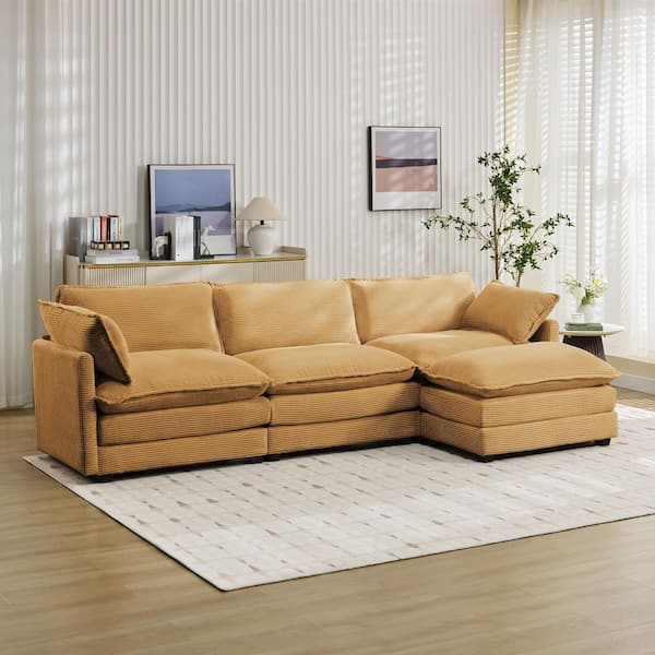 Jearey 112 in. W 4-Piece Modern Straight Arm Corduroy Fabric L-Shaped Sectional Sofa in Yellow with Ottoman