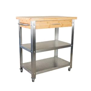 1 Drawer, 2 Shelf Natural Bamboo & Stainless Steel Rolling Kitchen Cart with Side Dishtowel Bar