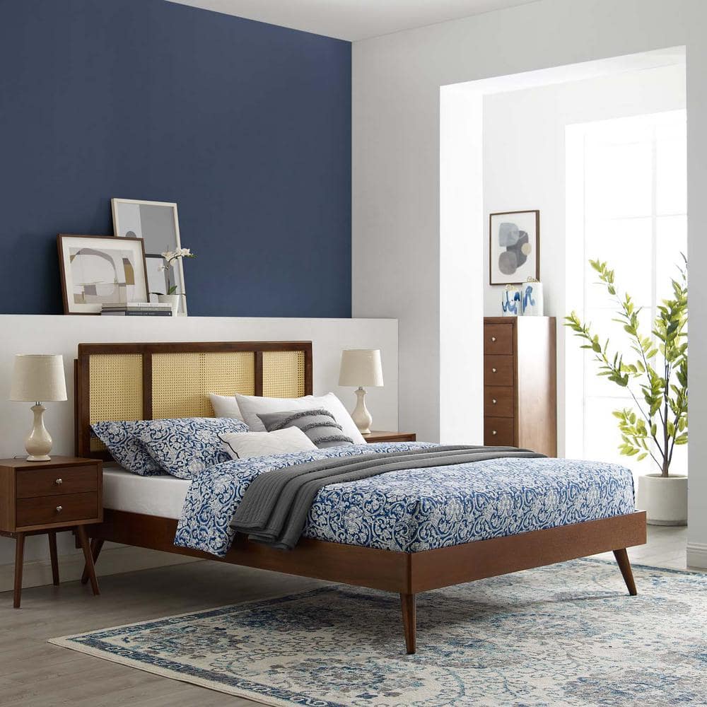 Opulent Walnut King Bed with Tufted Upholstery and Wood Frame