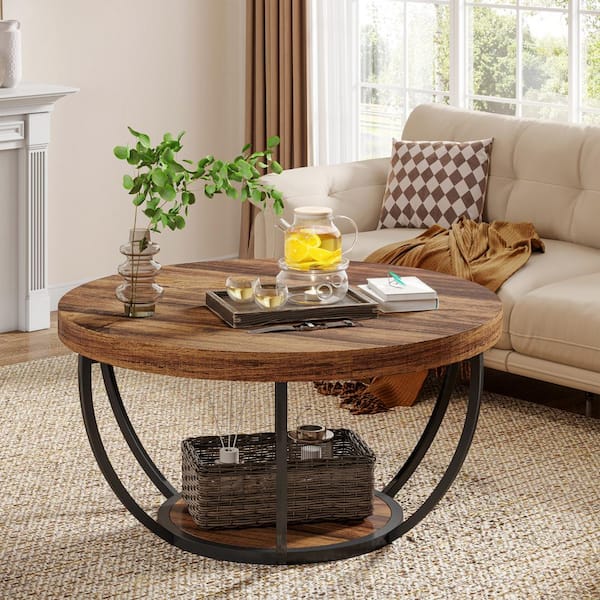 TRIBESIGNS WAY TO ORIGIN Inaayah 31.7 in. Brown and Black Round MDF Coffee Table with Storage, Modern Industrial Center Table for Living Room