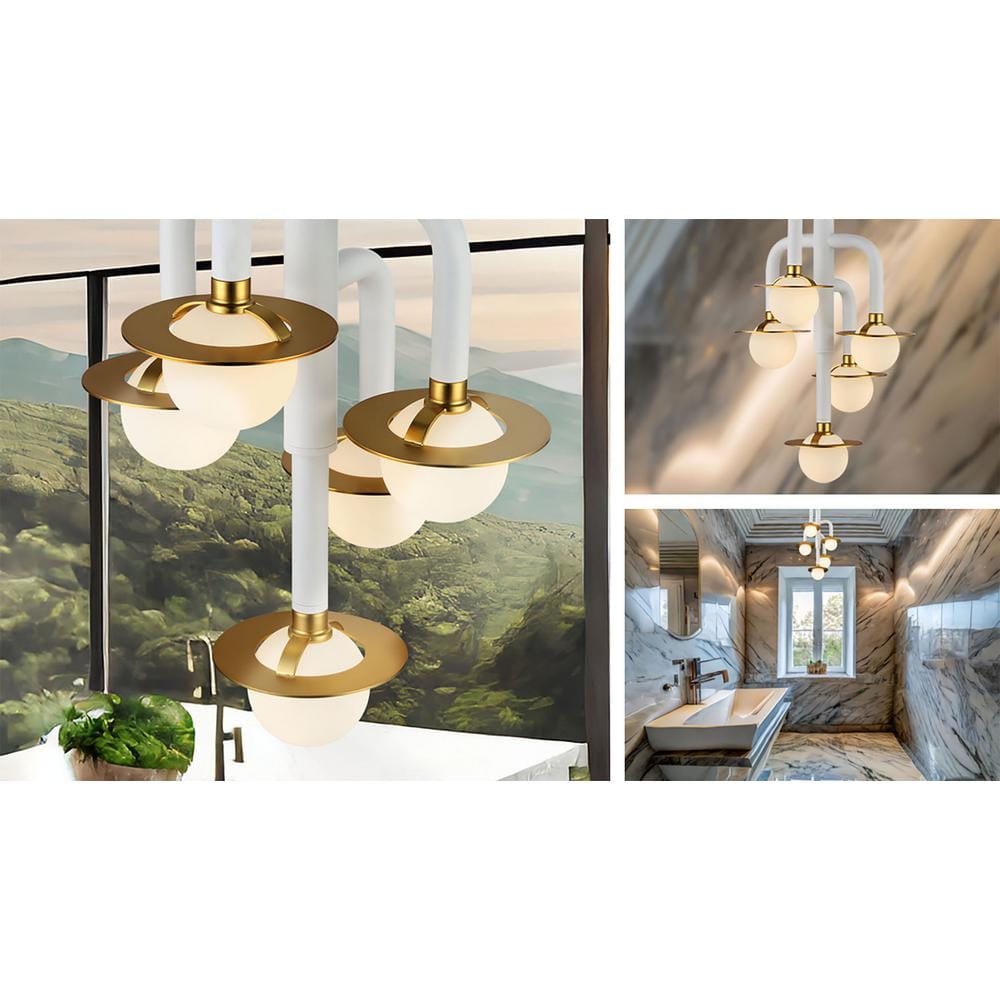 Tubular Matte White and Honey Gold LED Pendant with Etched Opal Glass