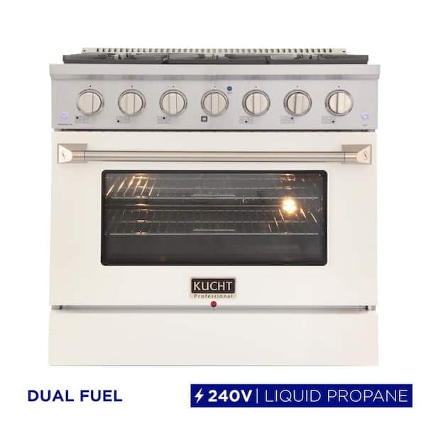 36 in. 5.2 cu. ft. LP Ready Dual Fuel Range with Gas Stove and Electric Oven with Convection Oven in White