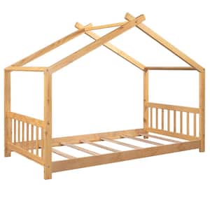 Natural Twin House Platform Bed with Headboard, Wood Platform Bed Frame with Roof Design, No Box Spring Needed