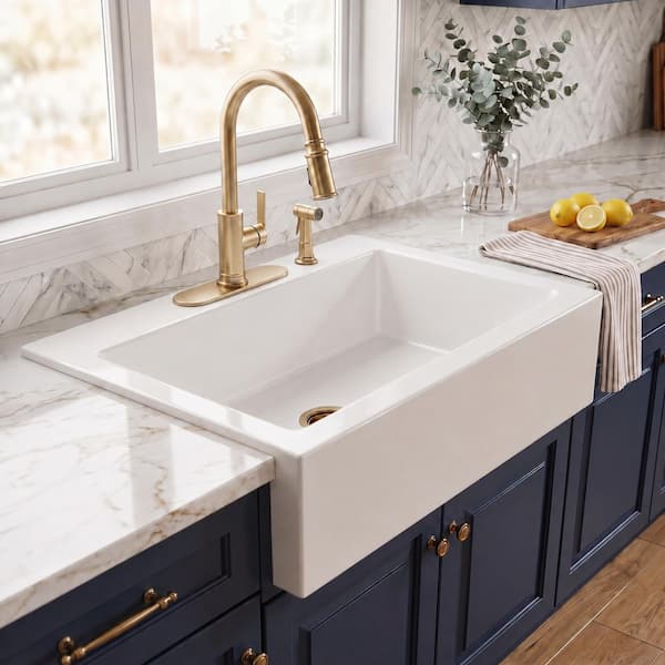 Parker 34 in. 4-Hole Quick-Fit Farmhouse/Apron-Front Drop-In Single Bowl Crisp White Fireclay Kitchen Sink