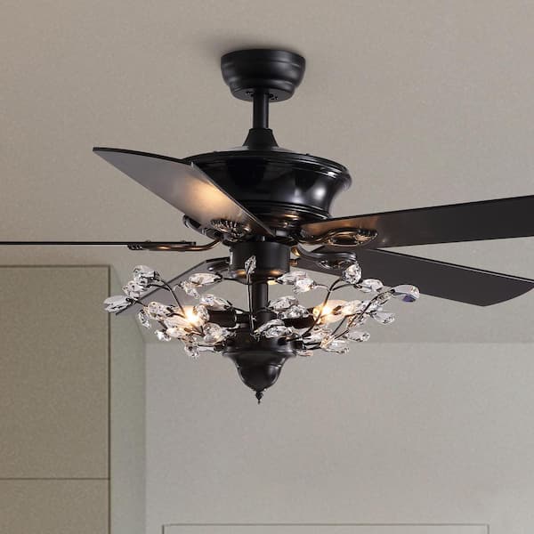 ANTOINE 52 in. Black Ceiling Fan with Light and Remote Reversible Blades Crystal Fandelier Indoor