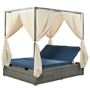 Wicker Adjustable Outdoor Day Bed Sunbed Patio Sofa Bed with Blue Cushions and Curtains