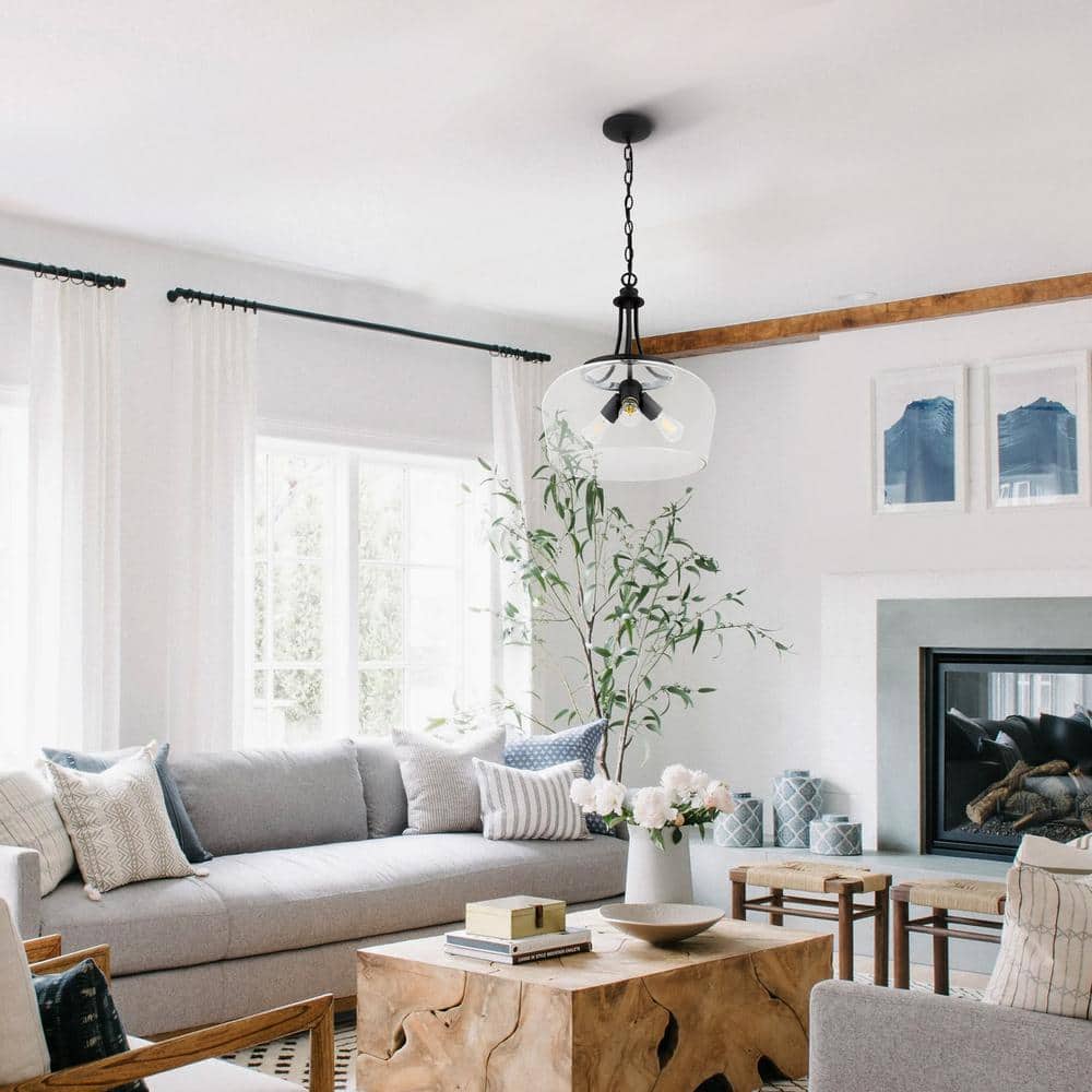 Matte Black 3-Light Dome Pendant with Glass Shade