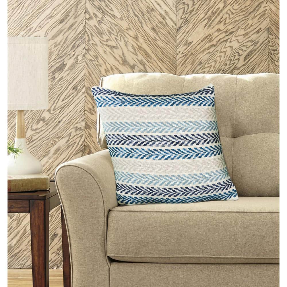 Hand-Woven Blue and Cream Chevron Cotton Throw Pillow