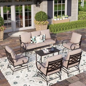 Black 6-Piece Metal 7 Seat Steel Outdoor Patio Conversation Set with Beige Cushions, Table with Stripe-Shaped Top