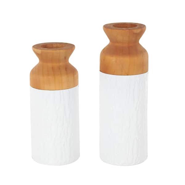 Litton Lane White Abstract Textured Color Block Metal Decorative Vase with Brown Wood Tops (Pair of 2)