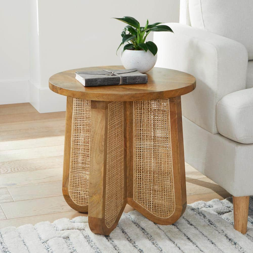 Round End Table with Natural Rattan Top and Wood Legs 2024