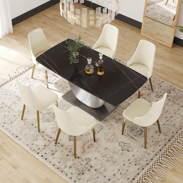79 in. Black Sintered Stone Dining Table with ith Stainless Steel U-Shape Pedestal (Seats 8)