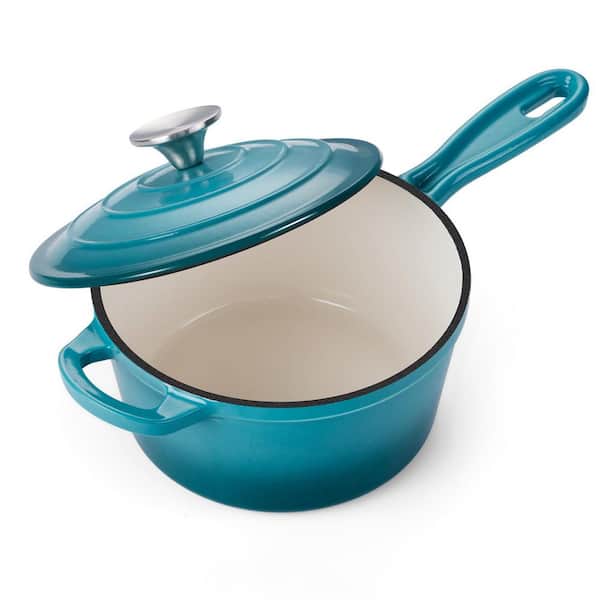Enameled Cast Iron Sauce Pan 2QT with Lid, Small Dutch Oven for Cooking, Nonstick & Heavy Duty, Dark Cyan, Oven Safe