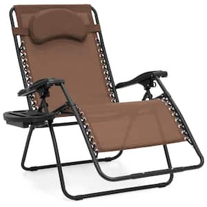 Oversized Zero Gravity Folding Reclining Brown Fabric Outdoor Lawn Chair w/Cup Holder
