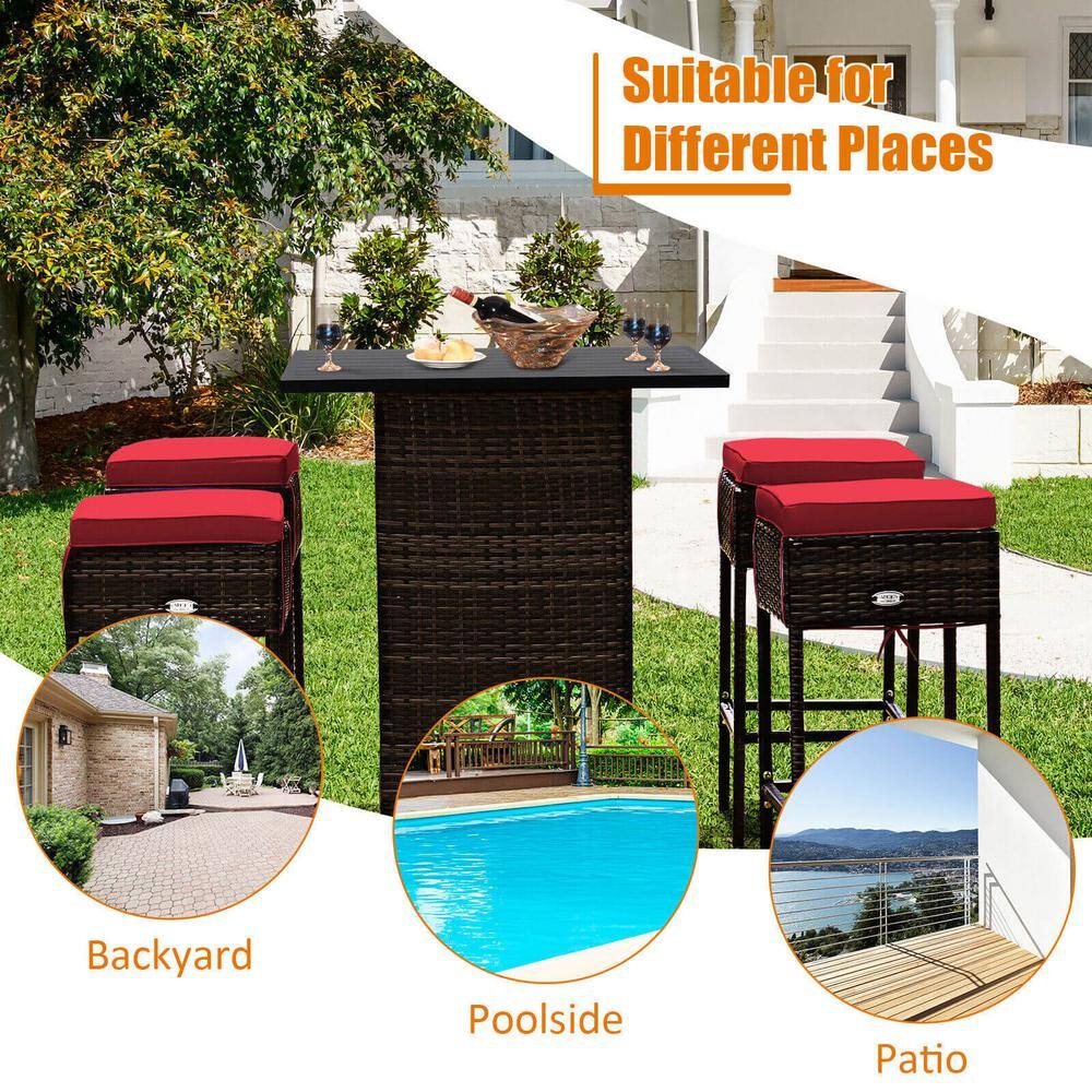 Red Cushioned 5-Piece Brown Wicker Outdoor Bar Set with Storage