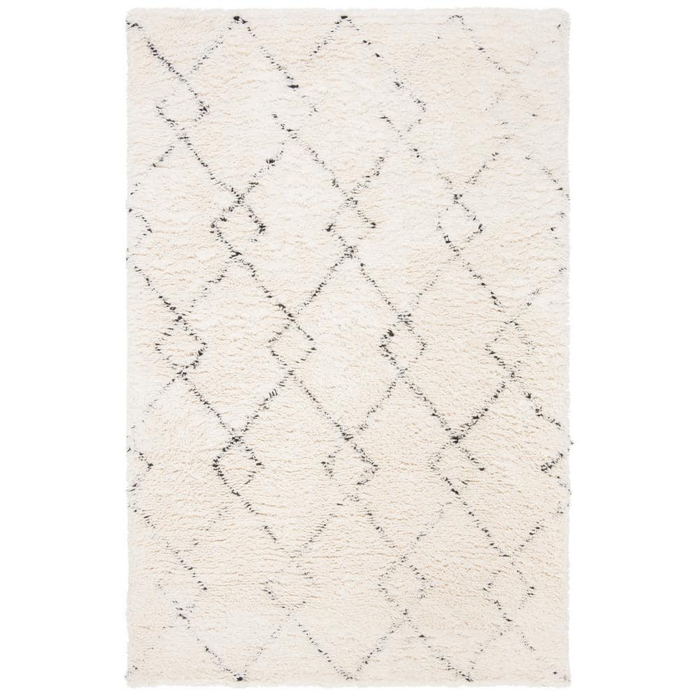 Ivory and Black Hand-Tufted Wool Shag Area Rug, 5' x 8'