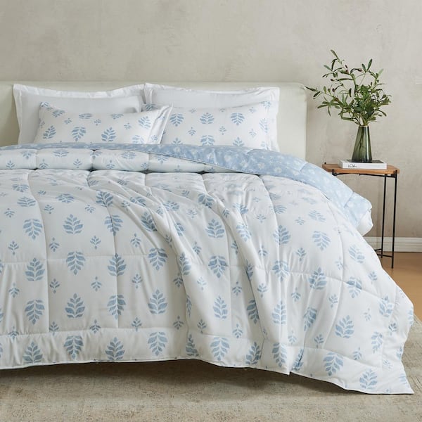 FRESHFOLDS Blue 3 Piece White Blue Floral Reversible Down Alternative King Microfiber Comforter Set